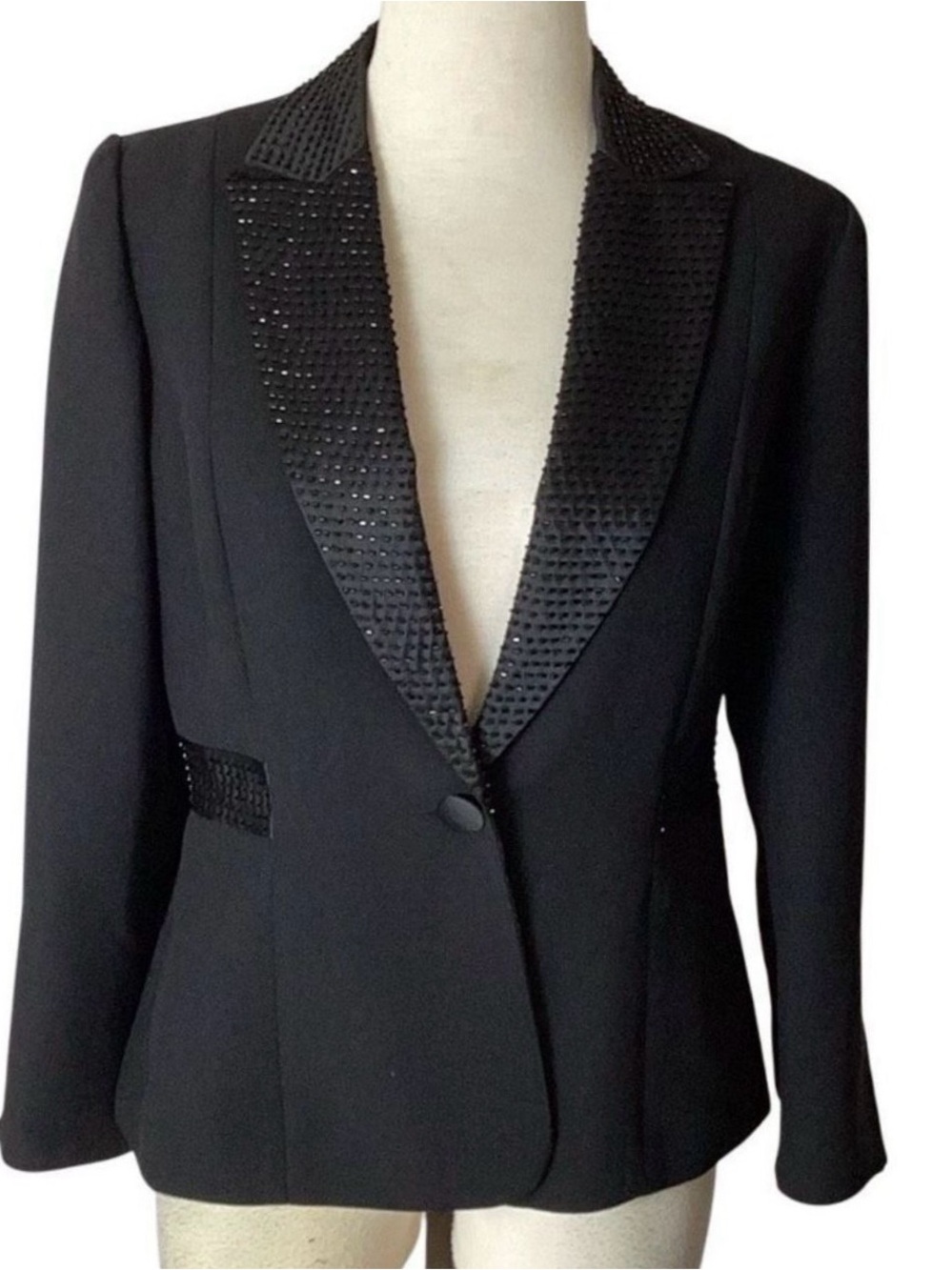 Sandra Darren Vintage 90’s Black Beaded Embellished Blazer Tuxedo Sheer Detail